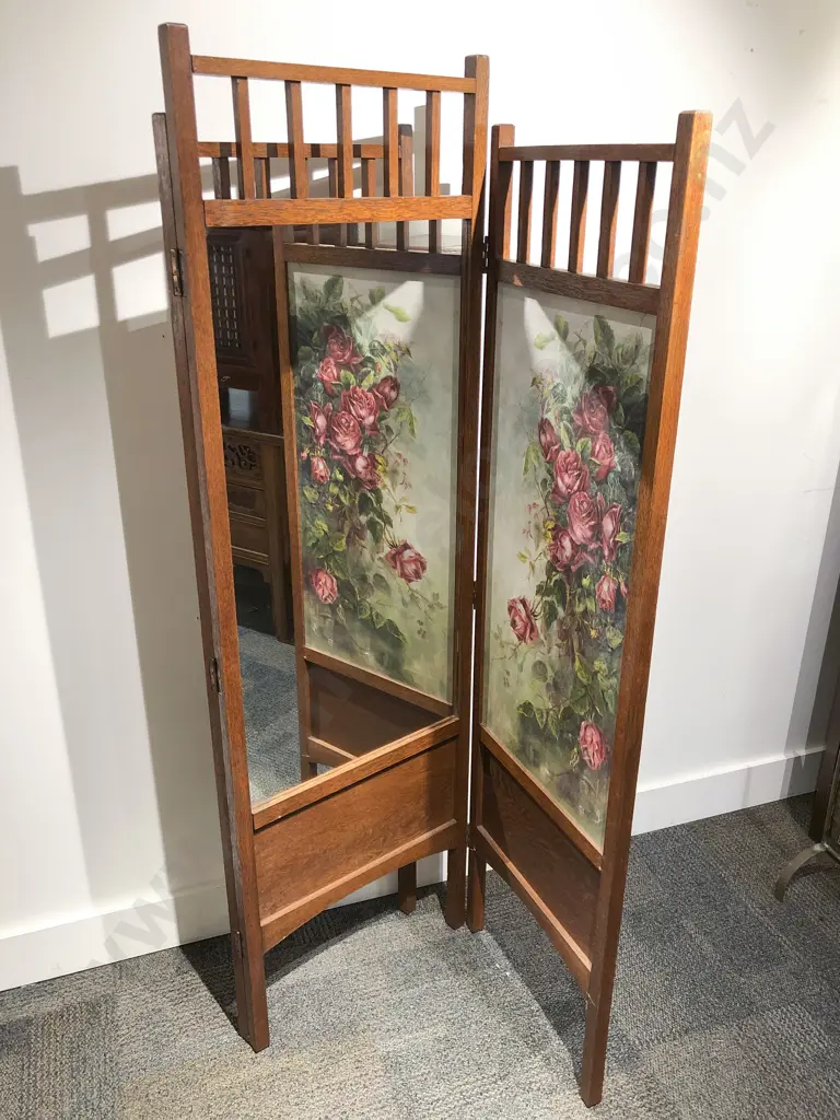 C1920's Oak Folding Screen with Mirrored and Rose Painted Canvas Panels. Made in Seatoun by Elizabeth Mary Redwood Image 1++