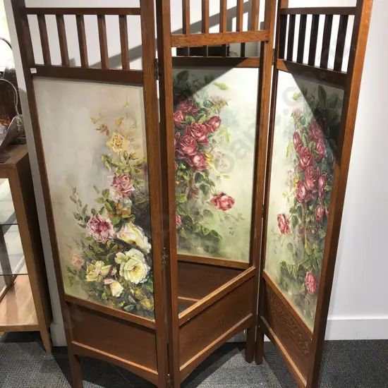 C1920's Oak Folding Screen with Mirrored and Rose Painted Canvas Panels. Made in Seatoun by Elizabeth Mary Redwood