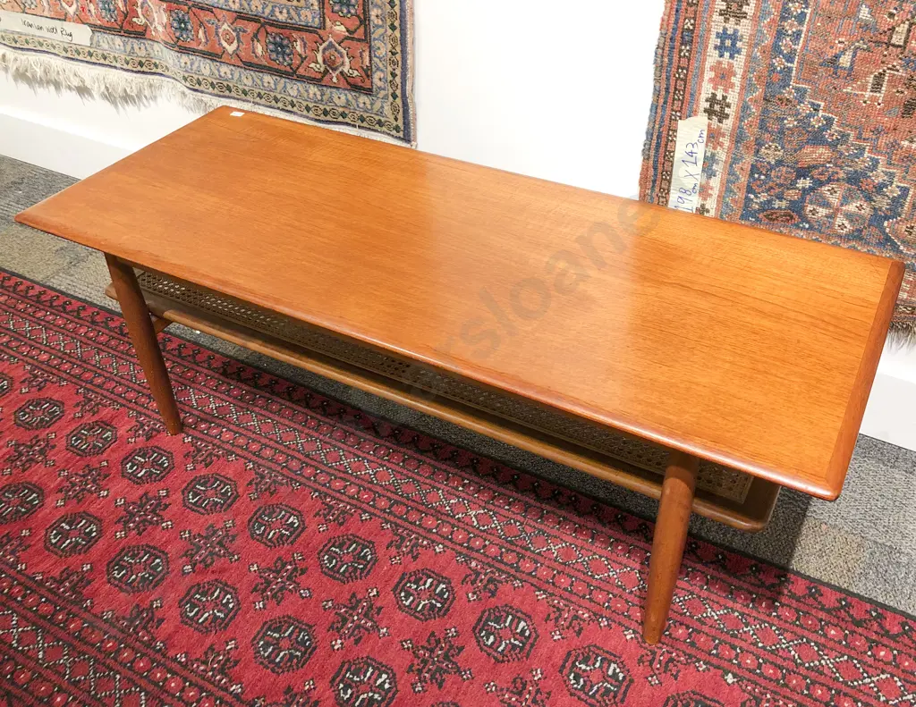 Mid-Century Rectangular Teak Coffee Table with Caned Undertier Image 1++