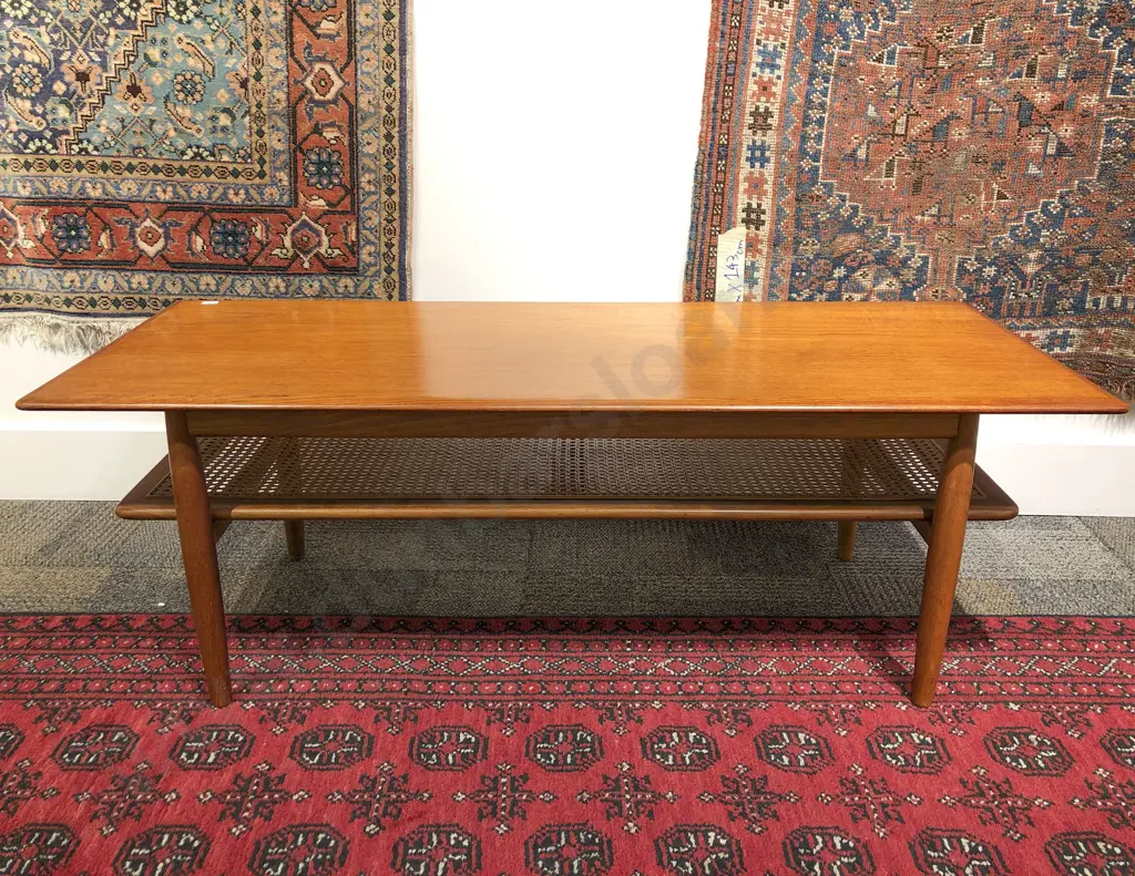 Mid-Century Rectangular Teak Coffee Table with Caned Undertier Image 1++