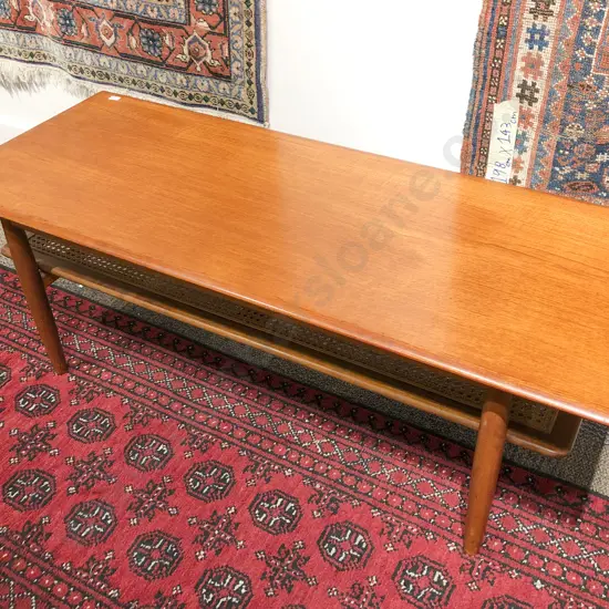 Mid-Century Rectangular Teak Coffee Table with Caned Undertier