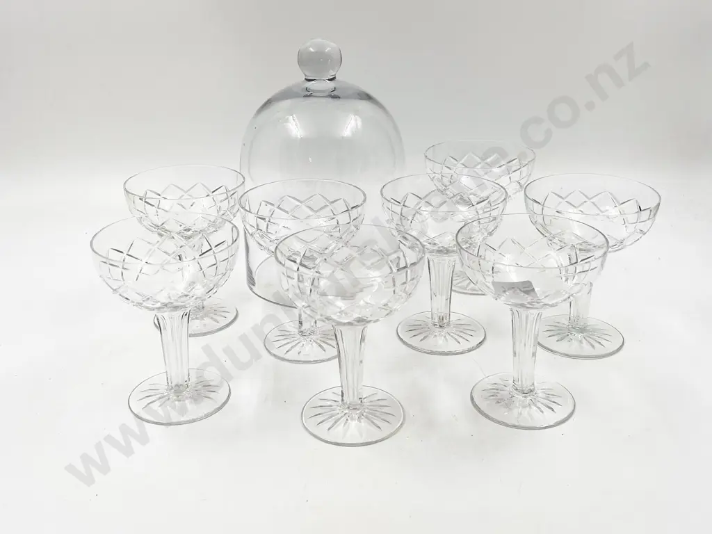 Eight Hollowed Stemmed Champagne Glasses with Glass Dome Image 1++