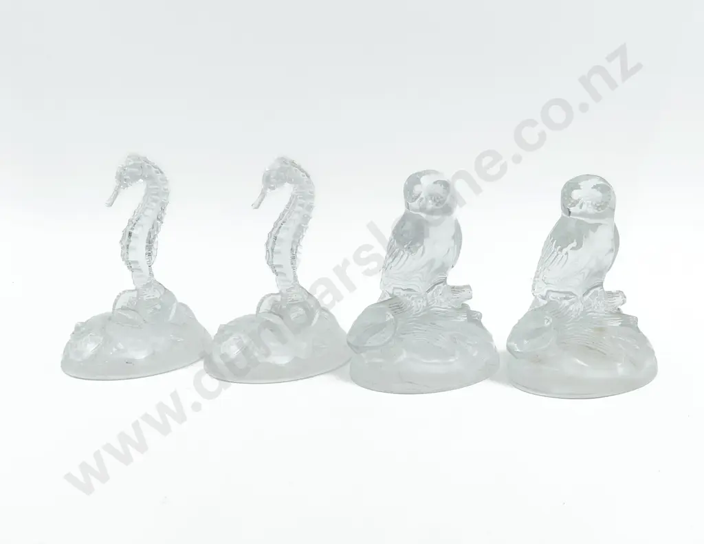 Two Pairs of Glass Animals - Owls and Sea Horses Image 1++
