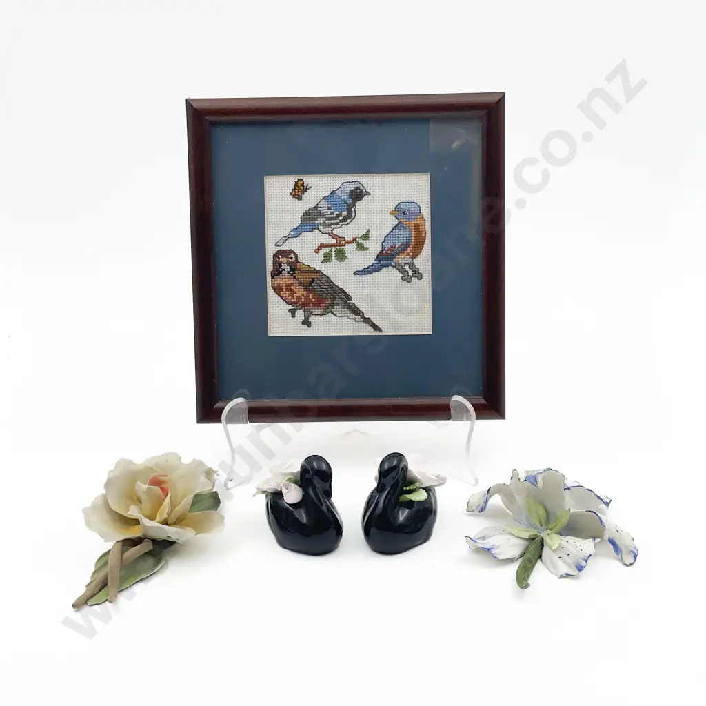 Four Assorted Ceramic Flower Ornaments together with Framed Needle Work Image 1++