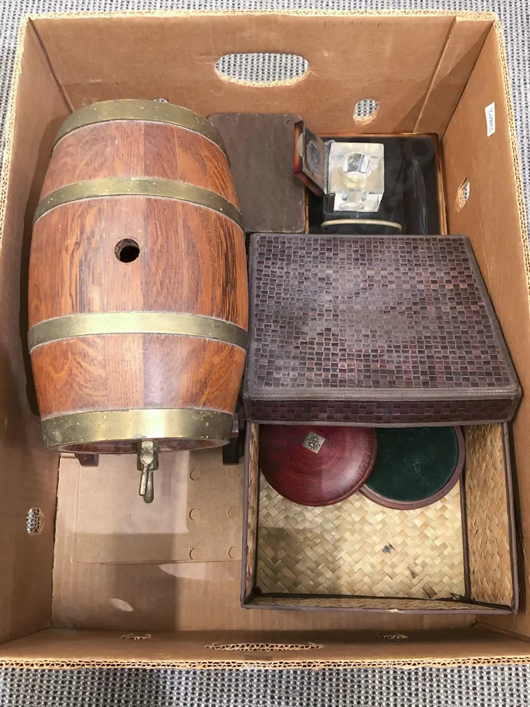 Box of Assorted including Desk Stand and Oak Barrel Image 1++