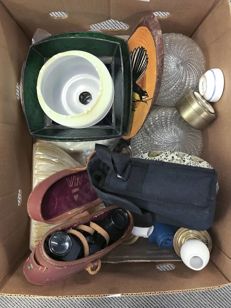 Box of Assorted including Glass Light Shades and Cased Binoculars etc Image 1++