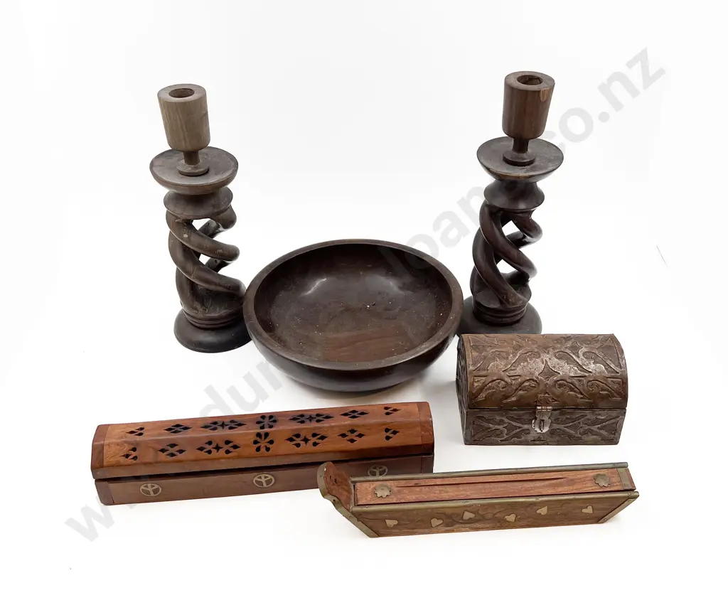 Two Wood Carved Candle Sticks with Others Image 1++