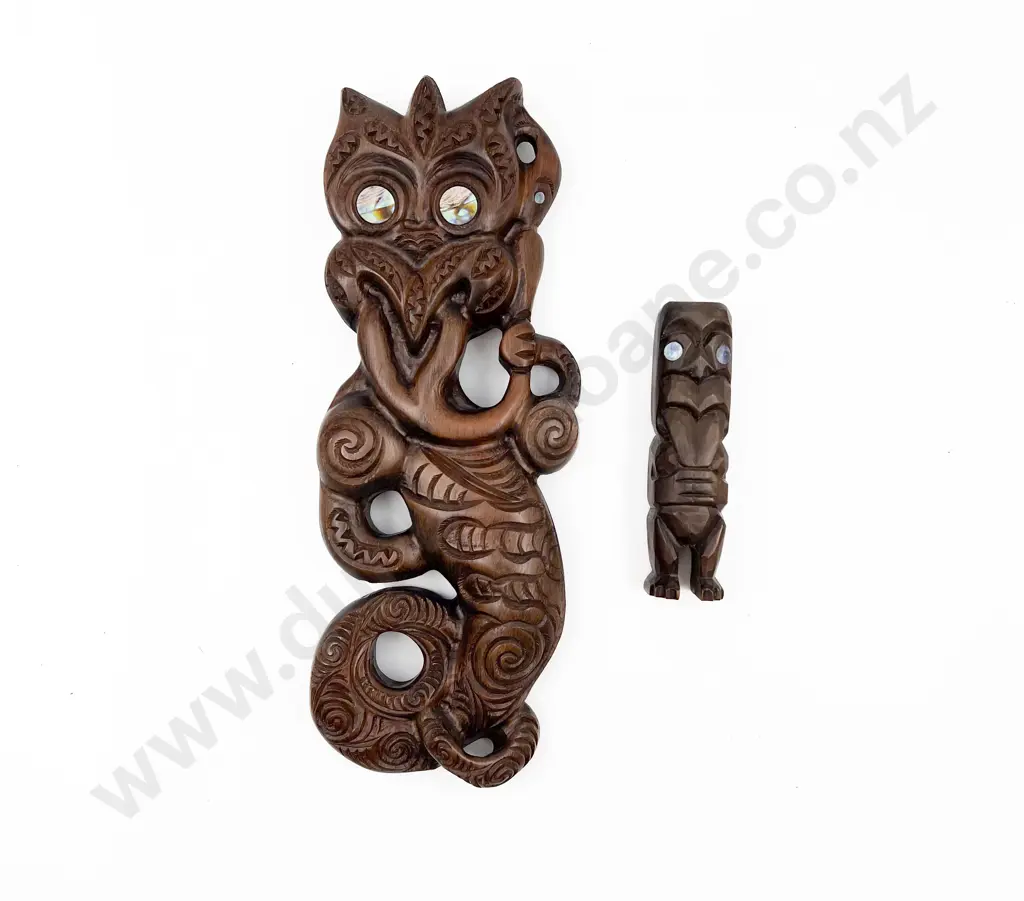 Carved Wooden Taniwha with Pou Whakairo Image 1++