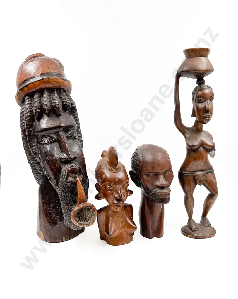 Four Assorted African Carved Wood Tourist Ware Busts etc Image 1++