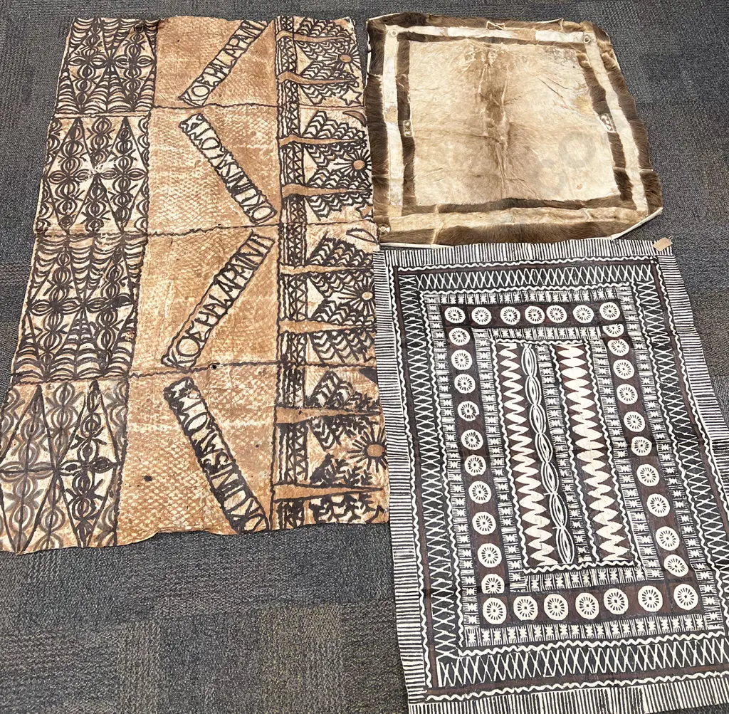 Two Tapa Cloths with Hanging Animal Hide Image 1++