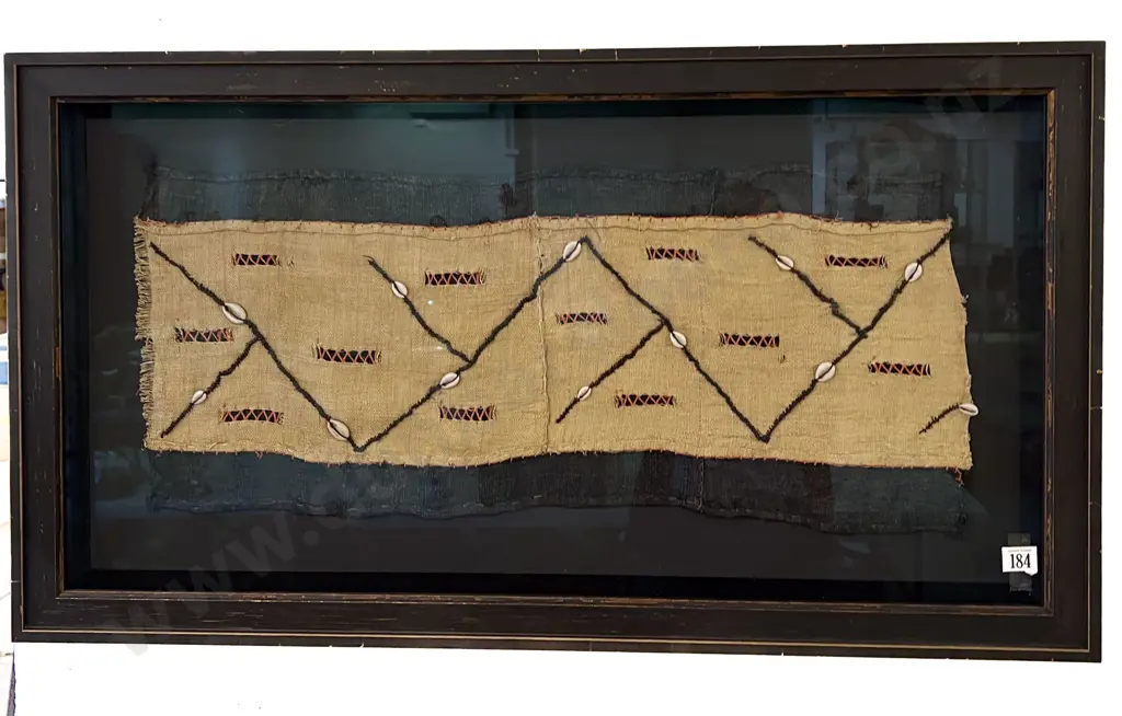 Vintage Framed Kuba Cloth African Textile Wall Art Piece with Conch Shells Image 1++