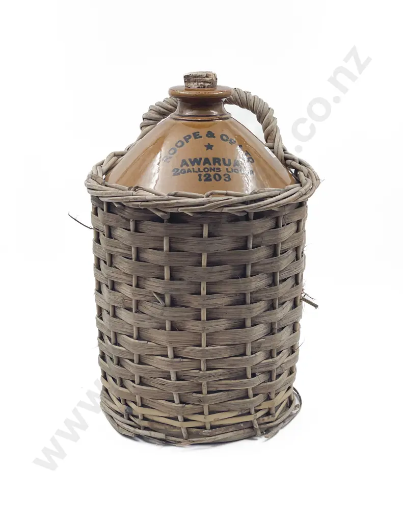 Vintage Stoneware 2 Gallon Bottle in Wicker Carrier Image 1++