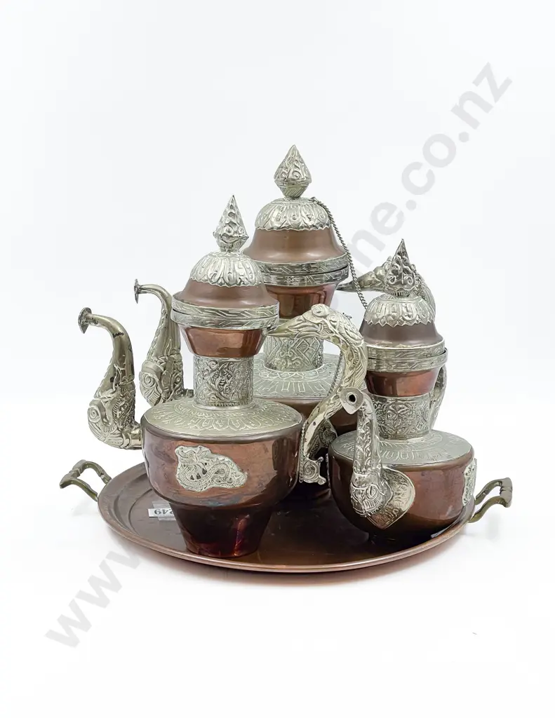 Graduated Set of Three Copper Tea Pots on Tray Image 1++