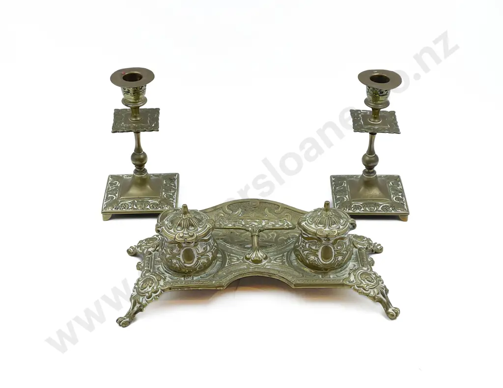Brass Desk Stand and Pair of Candle Sticks Image 1++