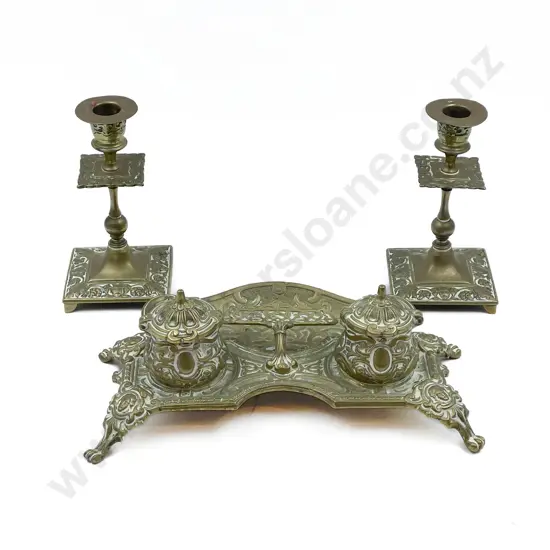 Brass Desk Stand and Pair of Candle Sticks