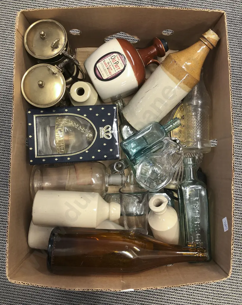 Box of Assorted Stoneware and Glass Bottles etc Image 1++