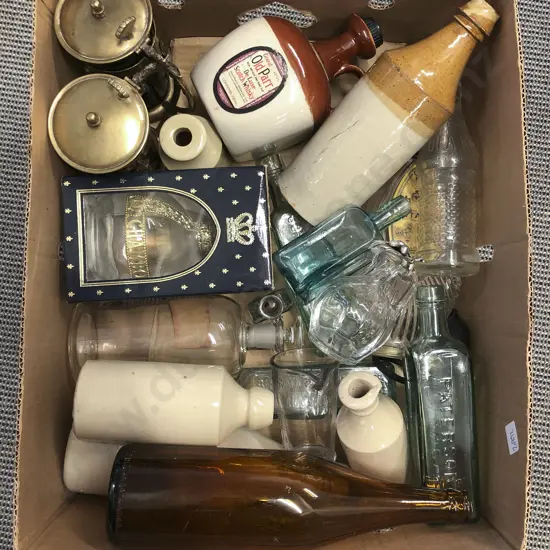 Box of Assorted Stoneware and Glass Bottles etc
