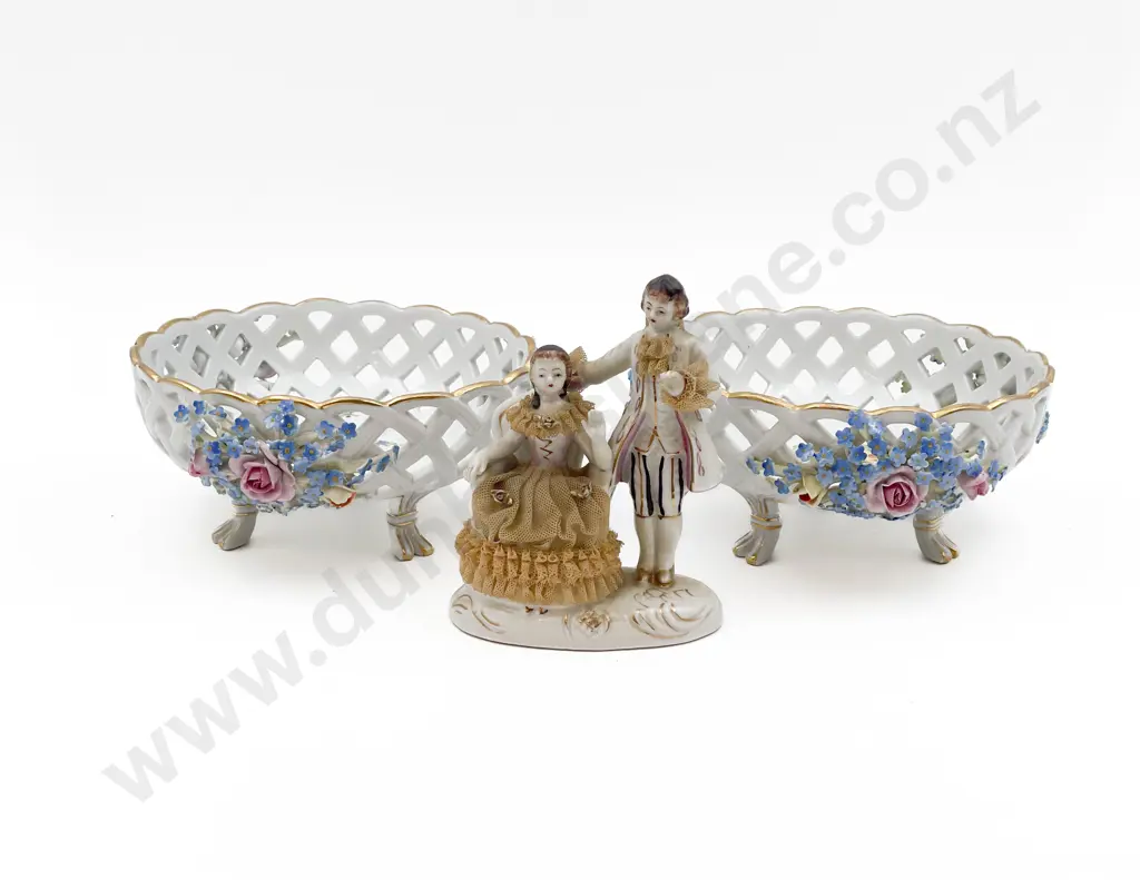 Pair of Fancy Footed China Bowls together with Dresden Figure Group Image 1++