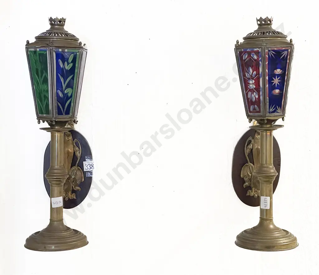 Pair of Brass Wall Lanterns with Flashed Glass Panels Image 1++