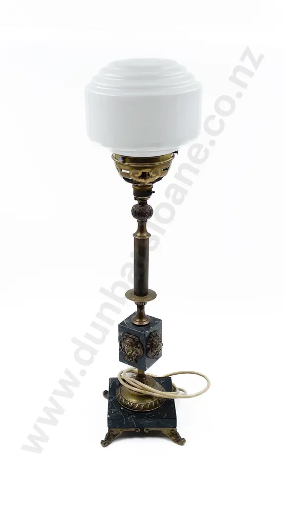 Gilt Metal & Marble Lamp With Opaque Glass Shade Image 1++