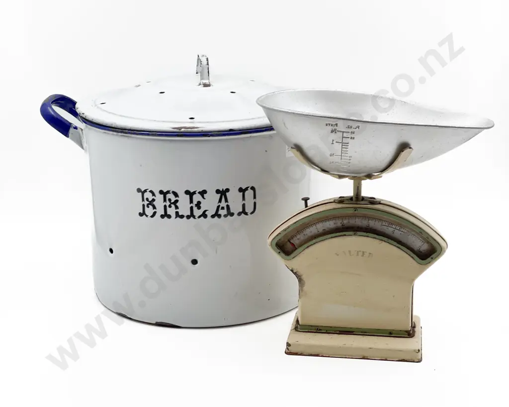 Enamel Lidded Bread Pot with Vintage Salter Scales Image 1++