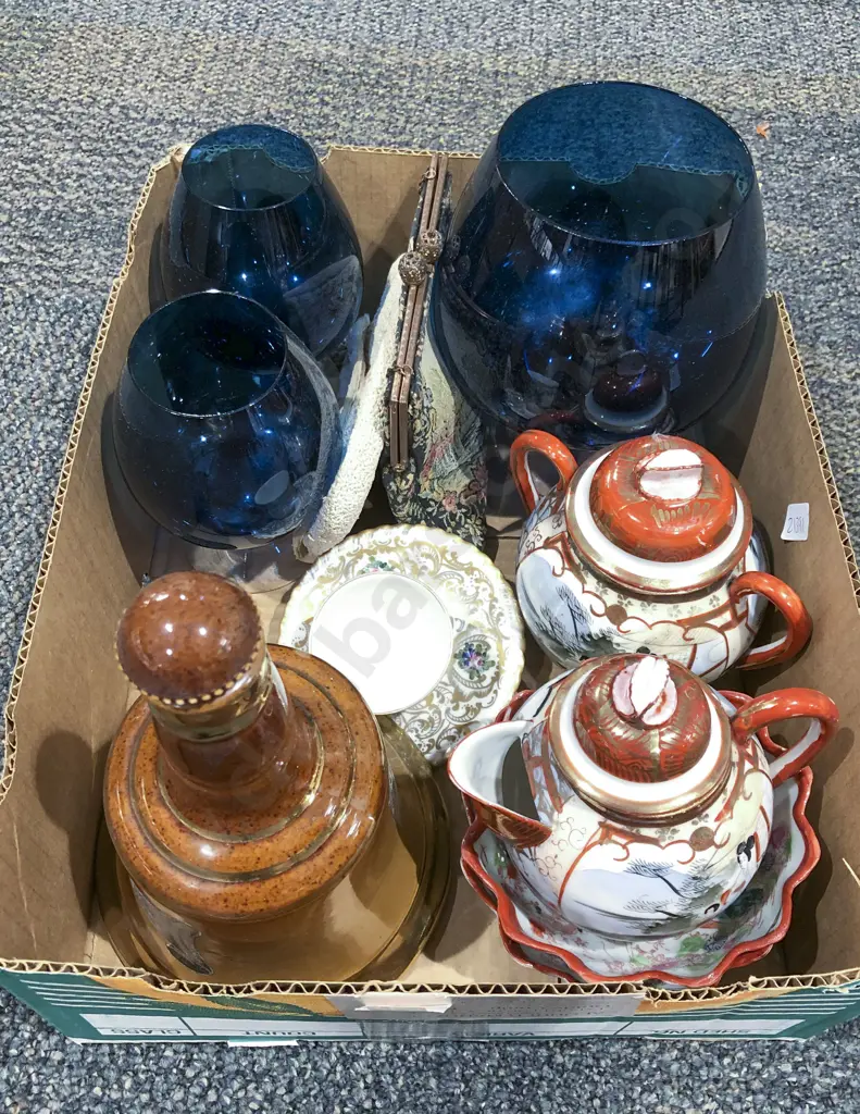 Three Blue Glass Brandy Balloons together with Vintage Purses and Four Pieces of Satsuma etc Image 1++