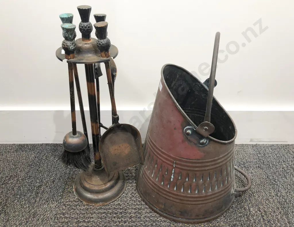 Copper Coal Bin together with Four Piece Fire Tidy Set Image 1++