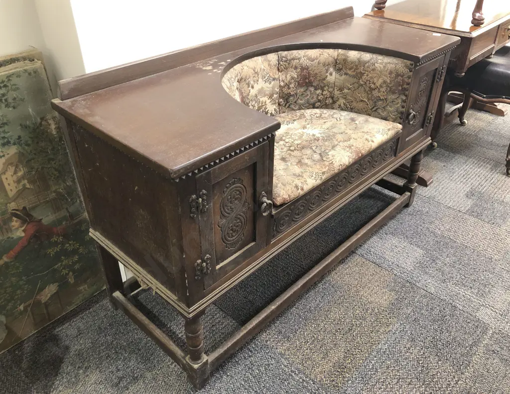 Oak Two Door Cabinet with Centralised Buttoned and Tapestry Seat Image 1++