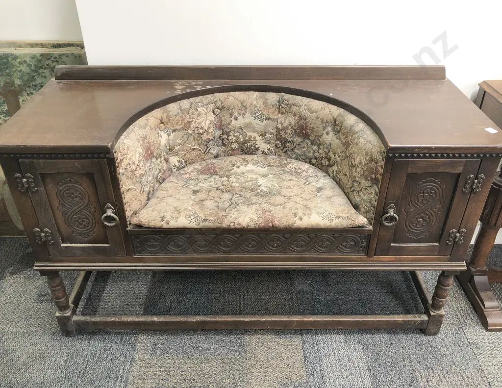 Oak Two Door Cabinet with Centralised Buttoned and Tapestry Seat Image 1++