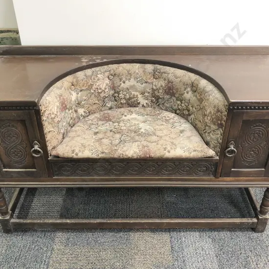 Oak Two Door Cabinet with Centralised Buttoned and Tapestry Seat