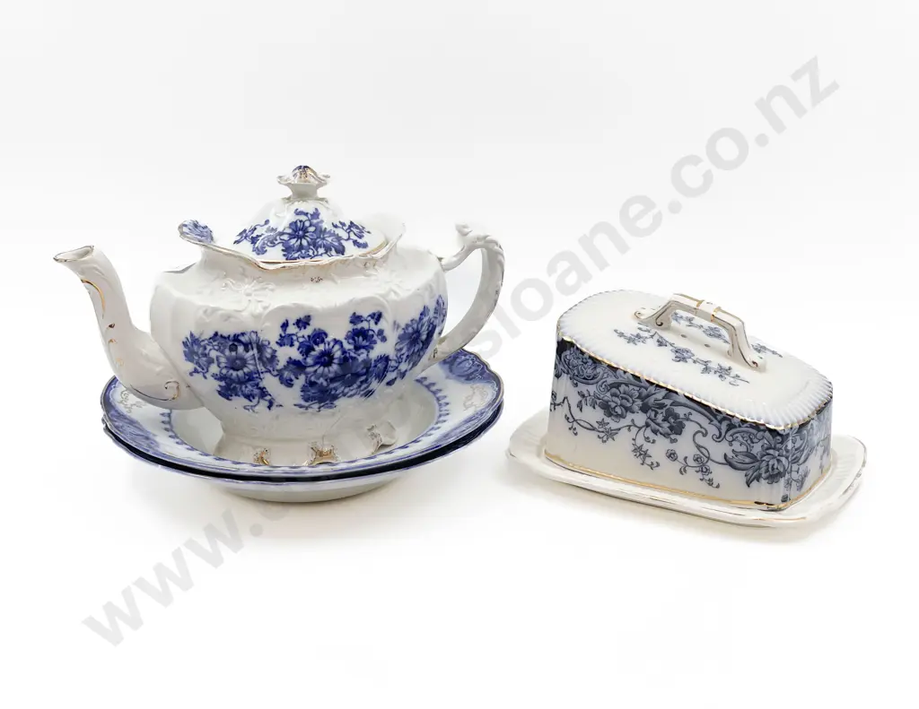 Four Pieces of Blue and White Including Teapot and Butter Dish Image 1++