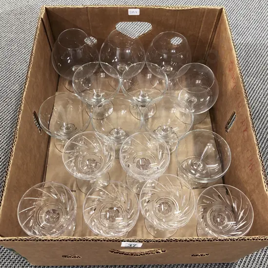Box of Assorted Crystal and Glassware Including Six Stuart Crystal Cocktail Glasses
