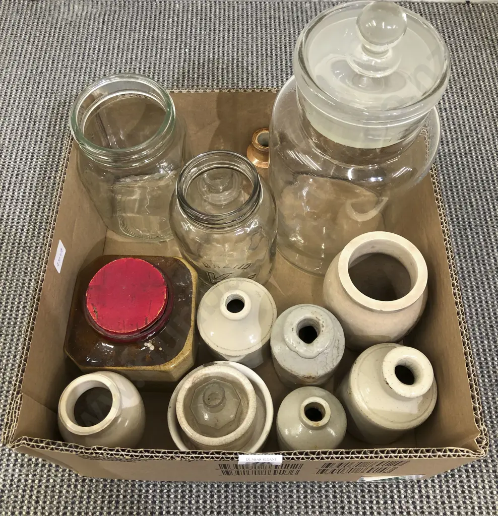 Box of Assorted Vintage Ceramic and Glass Bottles Image 1++
