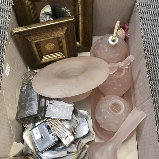Box of Assorted Including Pressed Glassware and Lighters etc