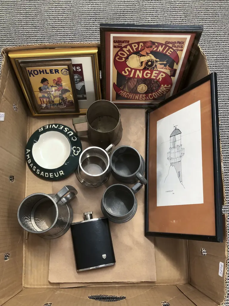 Quantity of Assorted Including Advertising Prints with Pewter and Hipflask etc Image 1++
