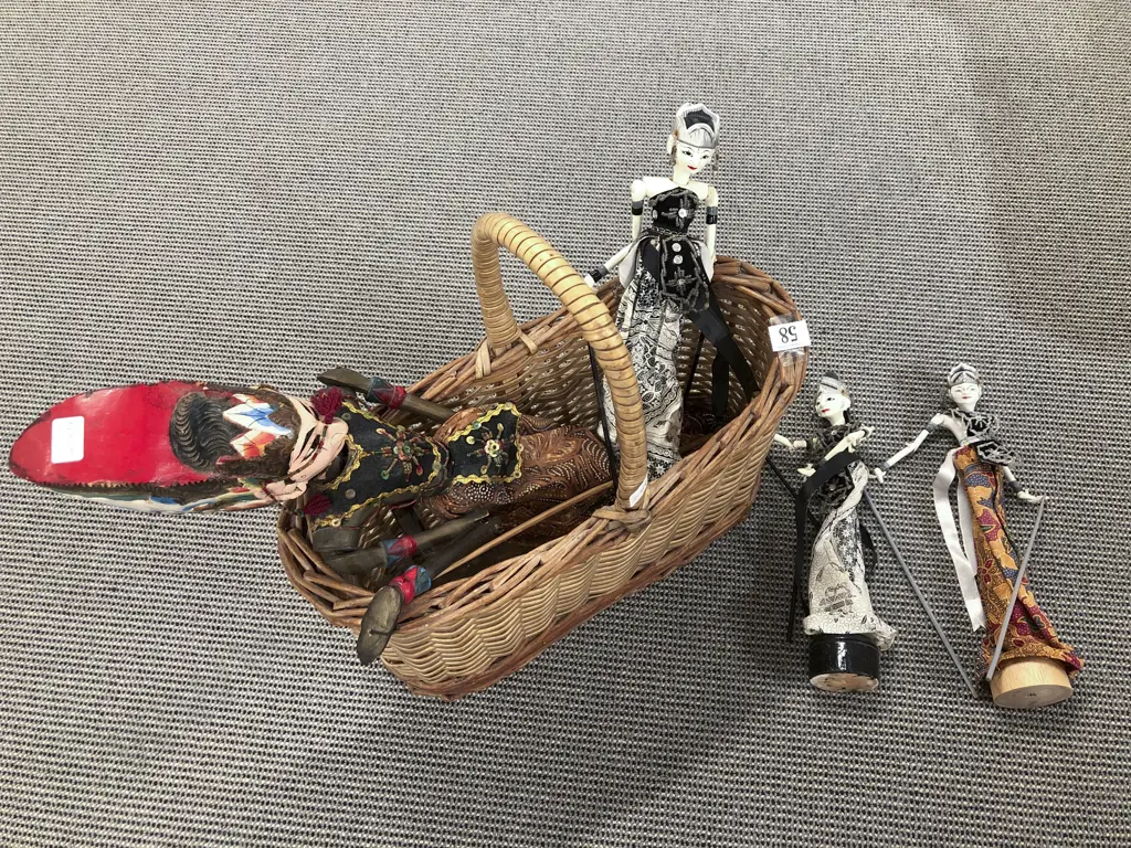 Wicker Basket with Vintage Puppets Image 1++