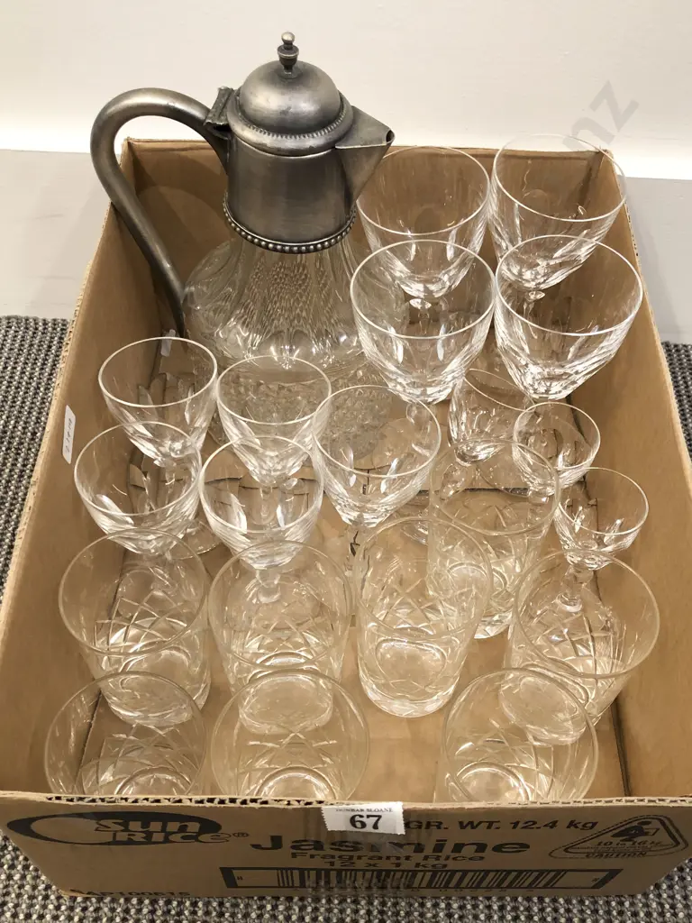 Box of Assorted Glassware Together with Claret Jug Image 1++