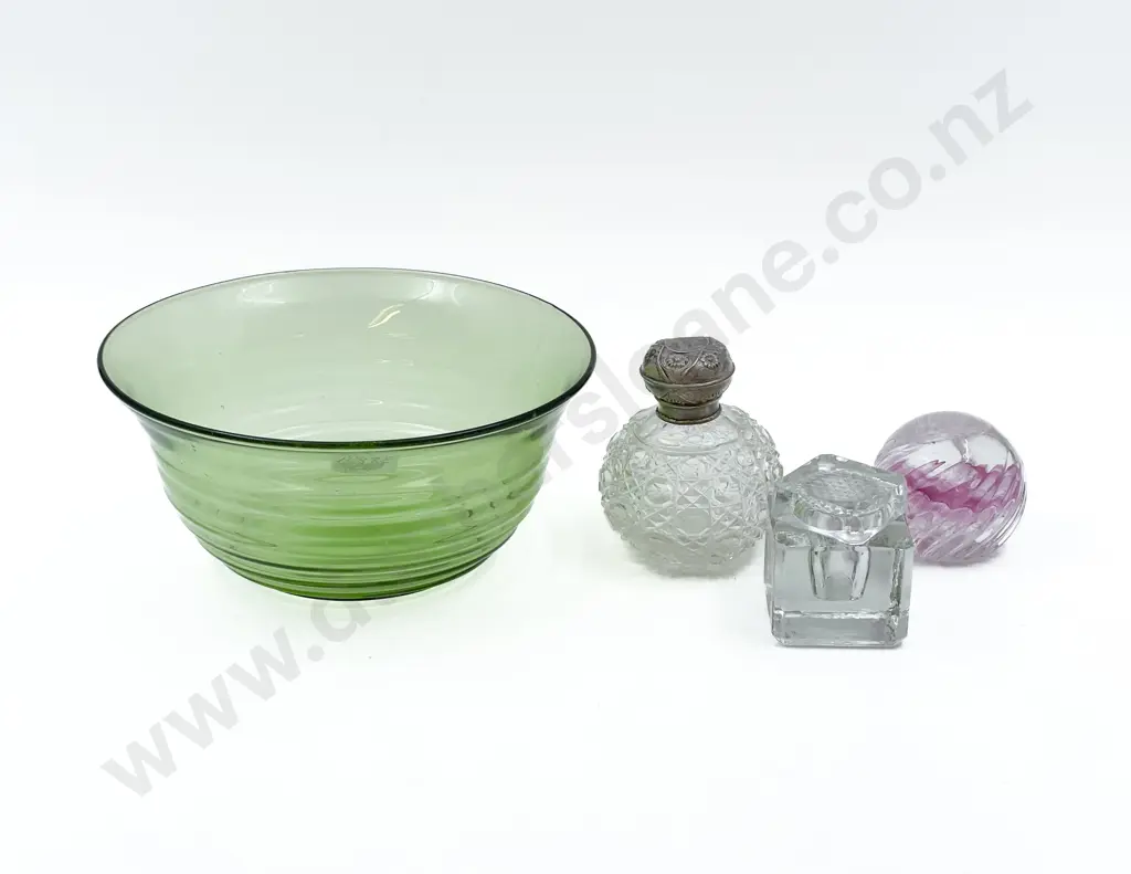Art Glass Paperweight Together with Two Others in Green Glass Bowl Image 1++