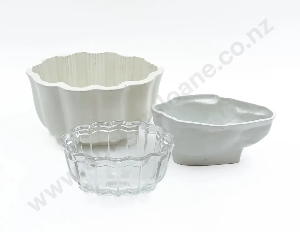 Two Ceramic Food Moulds Together with Glass Jelly Mould Image 1++