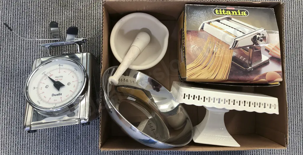 Box of Assorted Kitchenalia Including Pasta Maker with Mortar and Pestle Image 1++