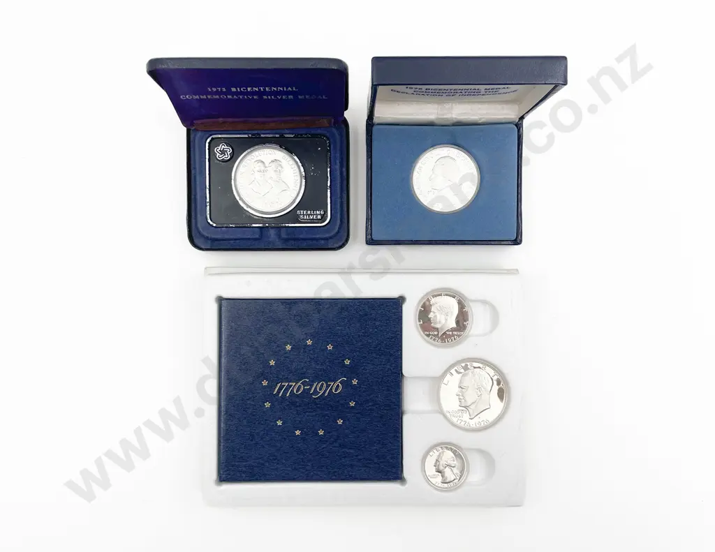 US 1976 Bicentennial Silver Jefferson Medal Liberty 3pce Set and 1973 Revolution Silver Medal Image 1++