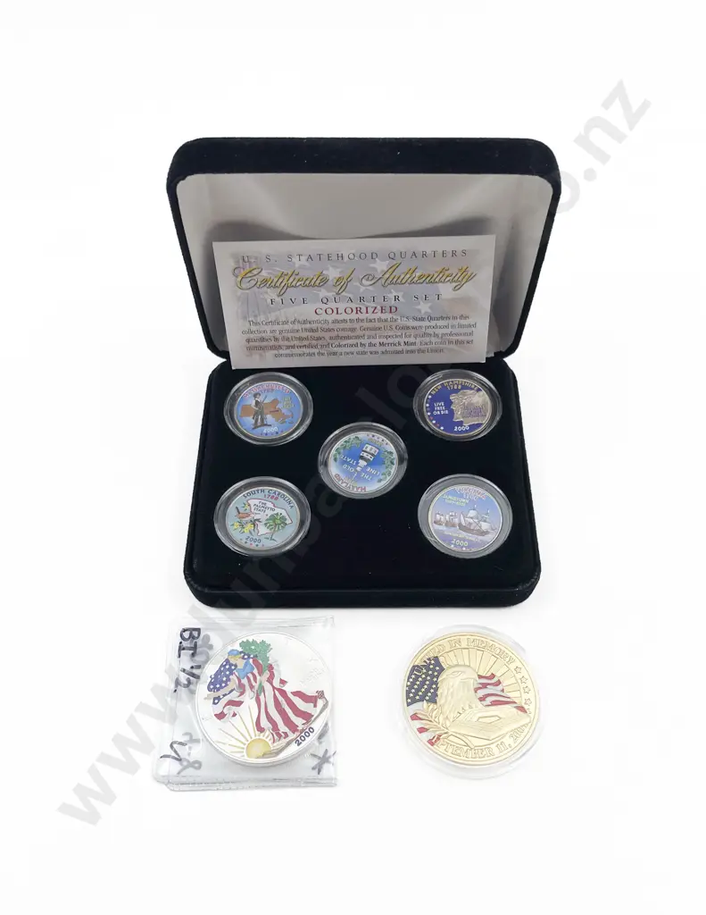 US Colorized 2000 Five Quarter Set 2000 Silver Eagle and 2001 Memory Medal Image 1++