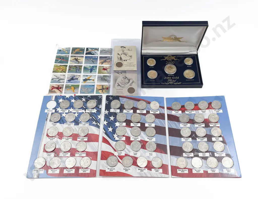 US 1999-2008 Quarters Album 2000 24kt Gold Plated 5pce Set and Lincoln Wheat Pennies x2 Image 1++