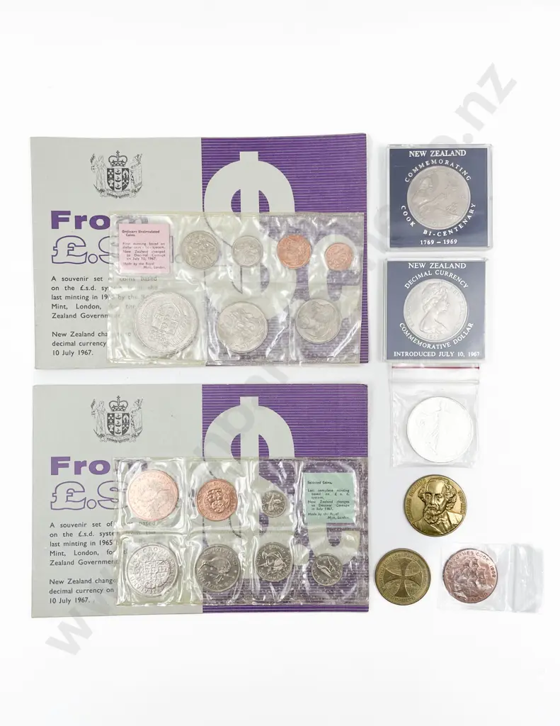 NZ Silver Proof 1984 $5 1oz US Fine Silver $1 NZ 1967 Sets x2 $1x2 and three tokens Image 1++