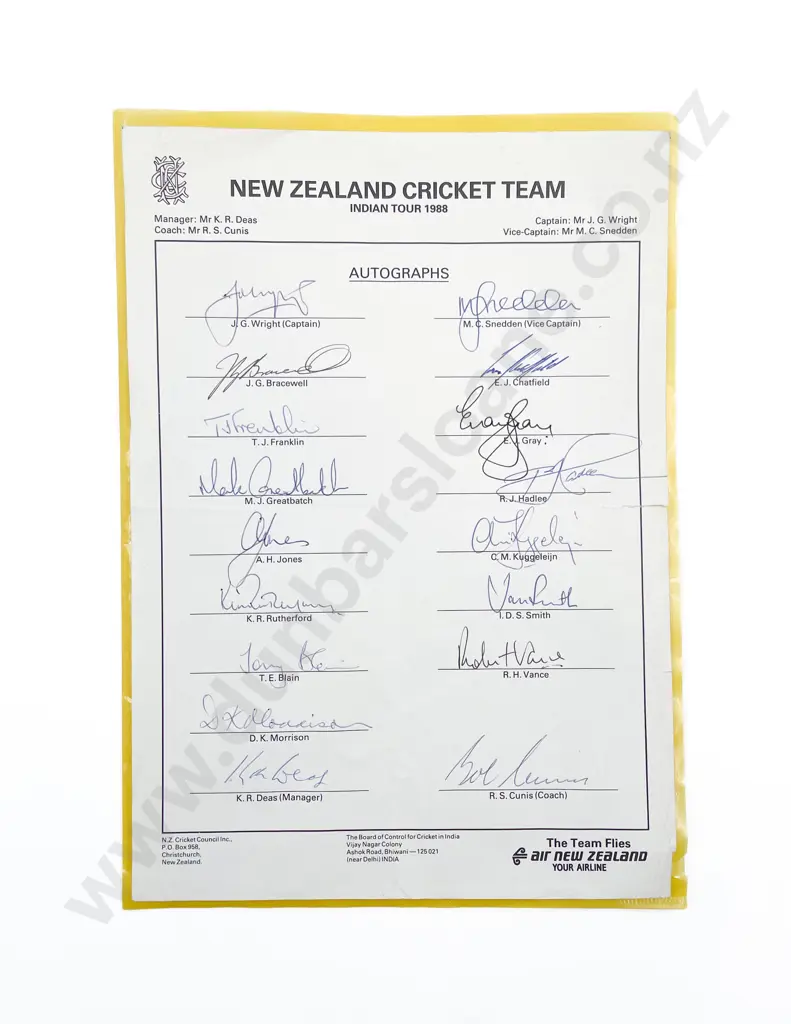 Autographs From NZ Cricket Tour India 1988 Image 1++