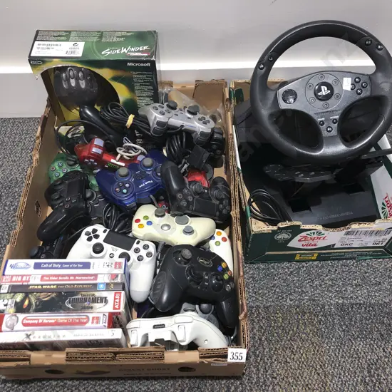 Quantity of Assorted Console Controllers with PlayStation Steering Wheel etc