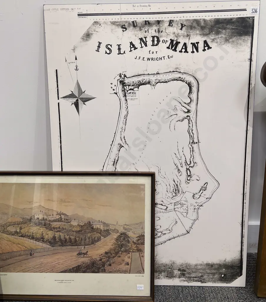 Island of Mana - Printed Map on Board together with Historical Print Image 1++