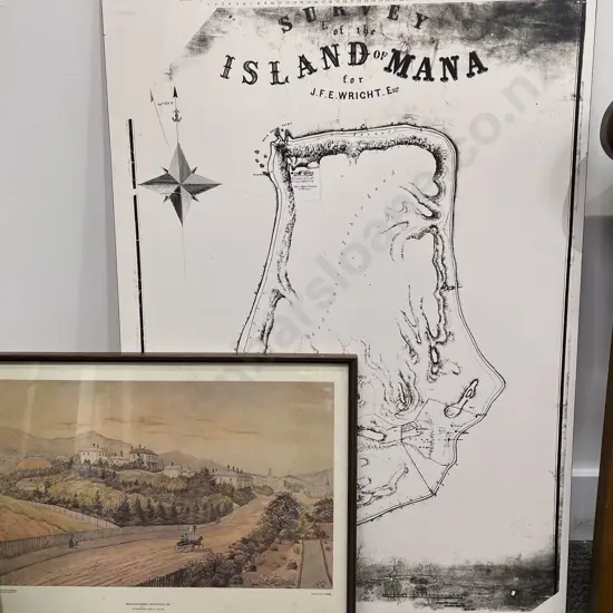 Island of Mana - Printed Map on Board together with Historical Print
