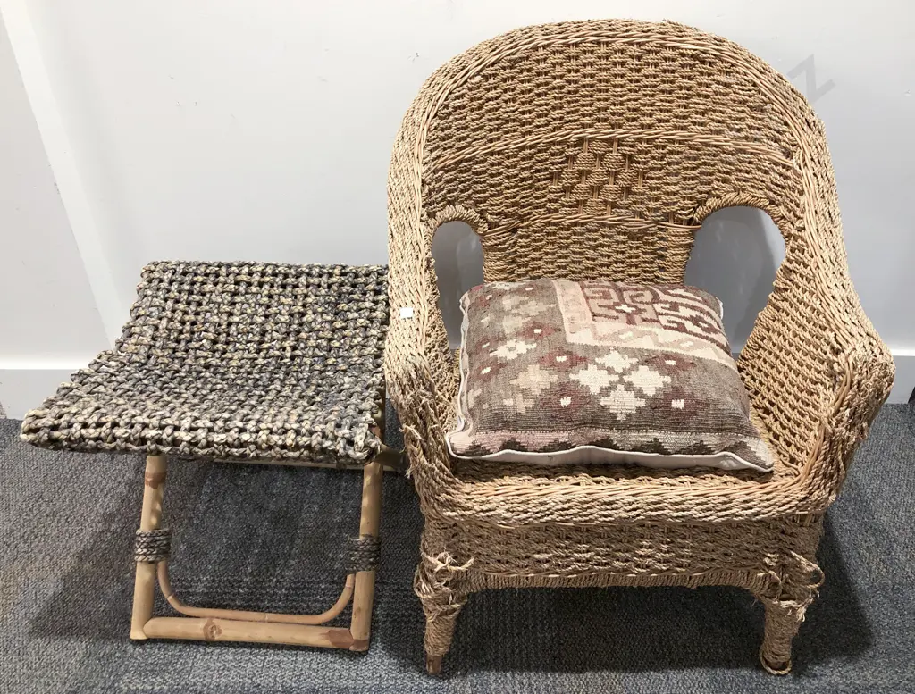 Rattan Armchair with Associated Folding Stool and Kilim Cushion Image 1++
