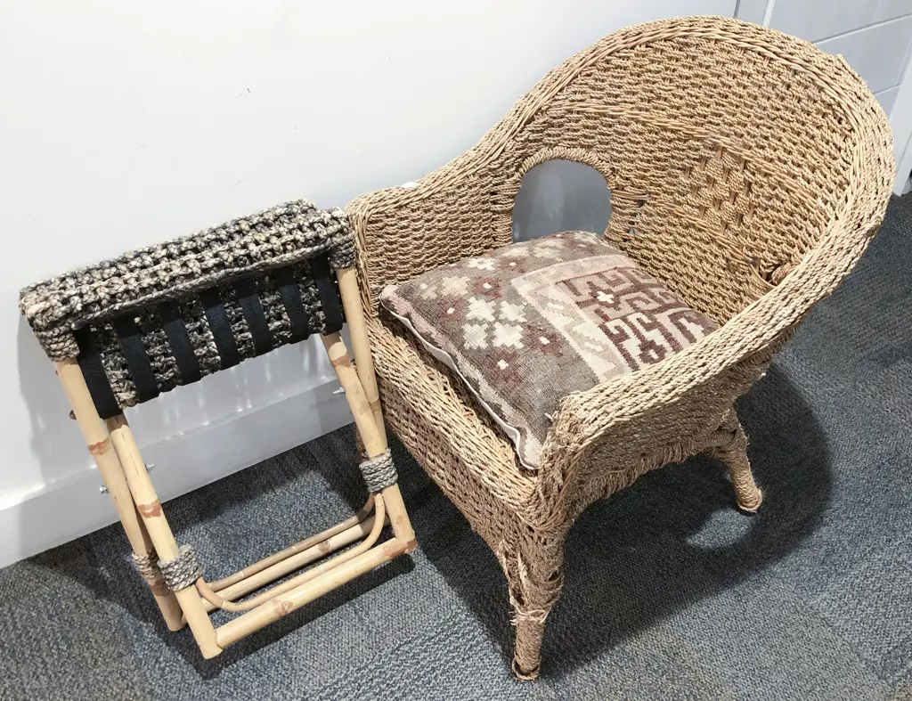 Rattan Armchair with Associated Folding Stool and Kilim Cushion Image 1++